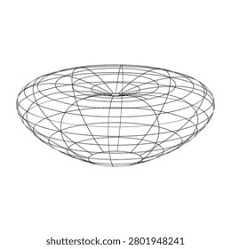 3D wireframe oblate spheroid with intersecting circular and elliptical lines, abstract geometric illustration for mathematics, physics, and computer graphics visualization