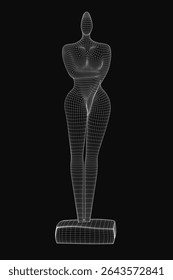 3D wireframe Oscar statue of a female figure with intricate details, set against a sleek black background. The abstract design features realistic proportions and smooth curves, creating an elegant.