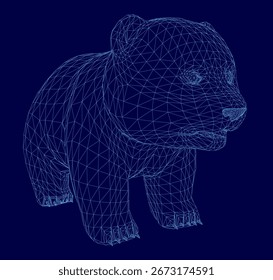 Um panda wireframe 3D está sobre um fundo azul, composto de linhas intrincadas e formas geométricas. O design imita uma silhueta animal realista com precisão digital.
