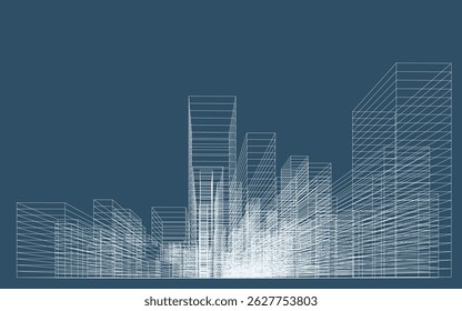 Perspectiva de construção em 3D wireframe. Fundo abstrato da cidade wireframe para design de modelo. Ilustração vetorial.