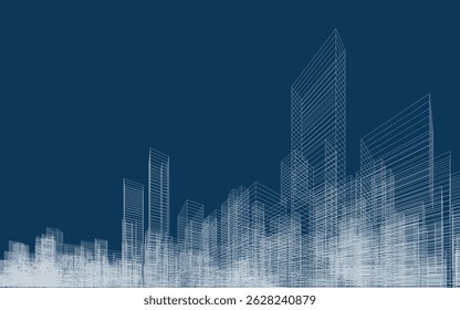 3D wireframe perspective of building. Abstract wireframe city background for template design. Vector illustration.