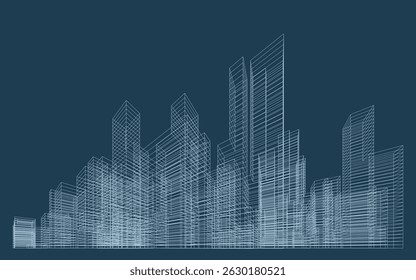 3D wireframe perspective of building. Abstract wireframe city background for template design. Vector.