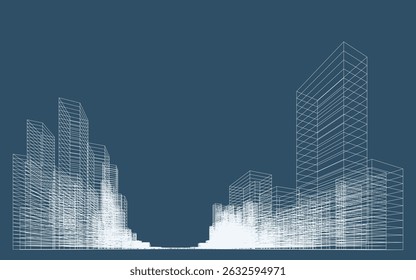 3D wireframe perspective of building. Abstract wireframe city background for template design. Vector.