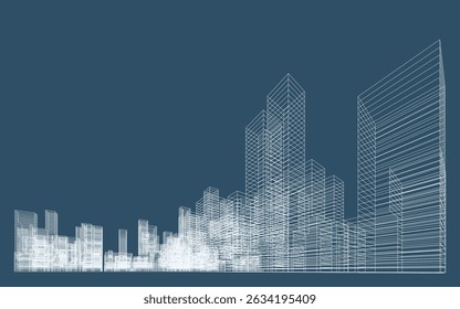 Perspectiva de estructura de alambre 3D de la construcción. Fondo Abstractas de la ciudad del alambre para el diseño de la Plantilla. Vector.