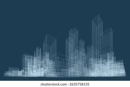 Perspectiva de estructura de alambre 3D de la construcción. Fondo Abstractas de la ciudad del alambre para el diseño de la Plantilla. Vector.