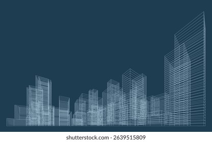 3D wireframe perspective of building. Abstract wireframe city background for template design. Vector.