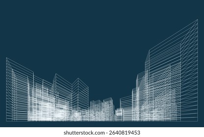 3D wireframe perspective of building. Abstract wireframe city background for template design. Vector.
