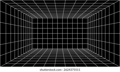 3d wireframe perspectiva grade sala modelo design vetor ilustração fundo. Esvaziar sala virtual de 3 dimensões com perspectiva esboço geométrico grade wireframe. Quadro interior de linha virtual cibernética.