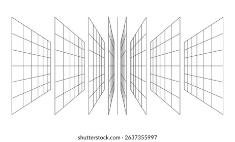 3d wireframe perspective grid room template design vector illustration background. Empty 3 dimension virtual room with perspective wireframe grid geometric sketch. Cyber virtual line interior frame.