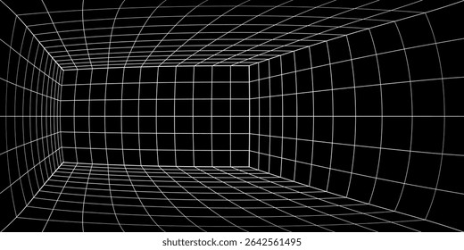 3d wireframe perspective grid room template design vector illustration background. Empty 3 dimension virtual room with perspective wireframe grid geometric sketch. Cyber virtual line interior frame.
