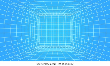 3d wireframe perspective grid room template design vector illustration background. Empty 3 dimension virtual room with perspective wireframe grid geometric sketch. Cyber virtual line interior frame.