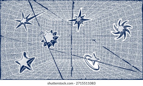 3D-Drahtmodell Perspektive Gitter Raum Vorlage Design Vektorgrafik Hintergrund. Leere dreidimensionale virtuelle Raum Perspektive Drahtmodell Gitter geometrische Skizze. Cyber-Virtual-Line-Innenrahmen