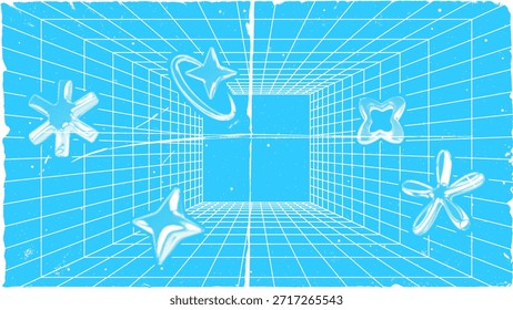 3D wireframe perspective grid room template design vector illustration background. Empty three dimensional virtual room perspective wireframe grid geometric sketch. Cyber virtual line interior frame
