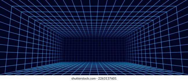 3D Wireframe Perspective Lines Room Background. Vector Perspective Grid. Digital Cyberspace. svg