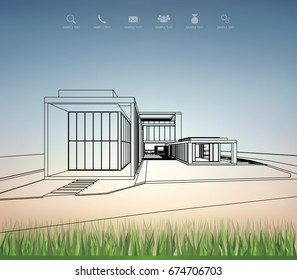 3D wireframe perspective rendering of tropical house in green grass field area and soft sky background. Vector illustration.