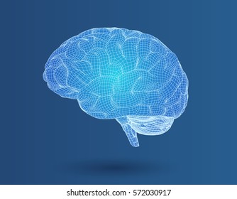 3D wireframe polygonal brain graphic illustration in lateral side view on blue background
