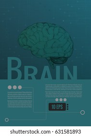 3D wireframe polygonal brain illustration on green graphic template layout with technology and science conceptual