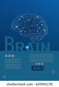 3D wireframe polygonal brain illustration on blue graphic template layout with technology and science conceptual