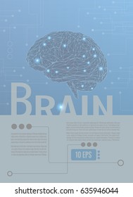 3D wireframe polygonal brain illustration on soft blue and gray graphic template layout with technology and science conceptual