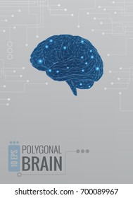 3D wireframe polygonal brain illustration on gray graphic template layout with technology and science conceptual