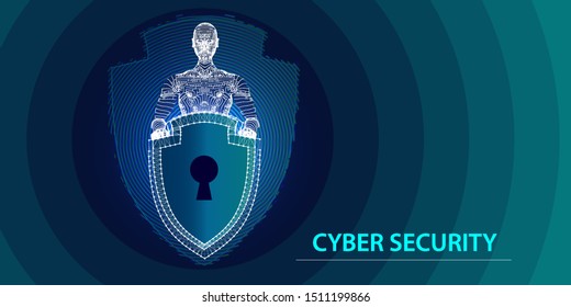 3D  wireframe  polygonal man holding a shield with a keyhole. Cyber security. Shield protect privacy and safety.