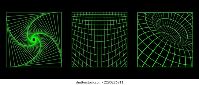 3D wireframe posters with geometric shapes and grids in trendy retro cyberpunk 80s 90s style. Y2k aesthetic