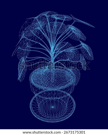 A 3D wireframe potted plant features intricate lines and curves for a realistic appearance. The detailed structure stands out against a solid blue background.