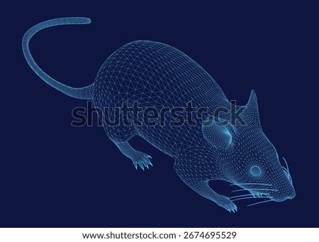 A 3D wireframe rat stands on a smooth blue background, showcasing intricate skeletal details. The digital rendering features a realistic structure with clean lines and transparent segments.