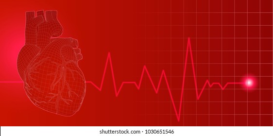 3D wireframe red human heart illustration on dark background with heart rate pulse beat