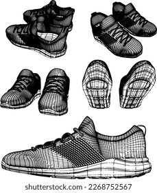 3d wireframe render of shoes from different side, silhouette set of shoes rendered in 3d software from different sides