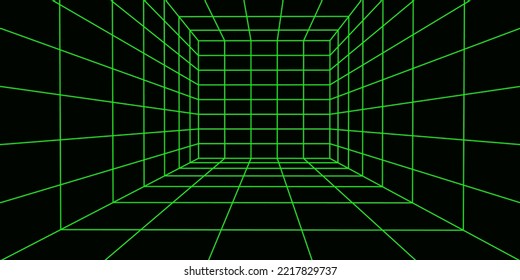 3d wireframe room in acid green. Abstract perspective grid. Retro futuristic concept. Vector illustration.
