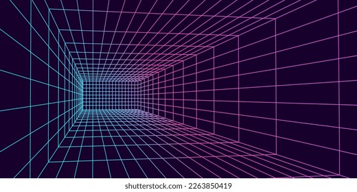 3D wireframe room colorful on dark background. Abstract perspective grid. Vector illustration.