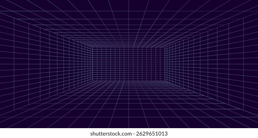 3D wireframe room colorful on dark background. Abstract perspective grid. Vector illustration.
