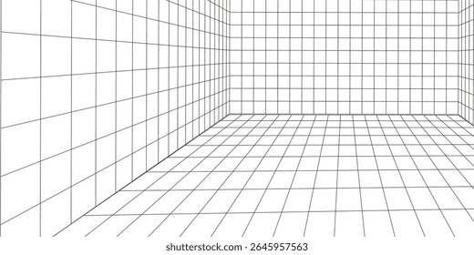 Quarto wireframe 3D colorido em fundo escuro. Grade de perspectiva abstrata. Ilustração vetorial.