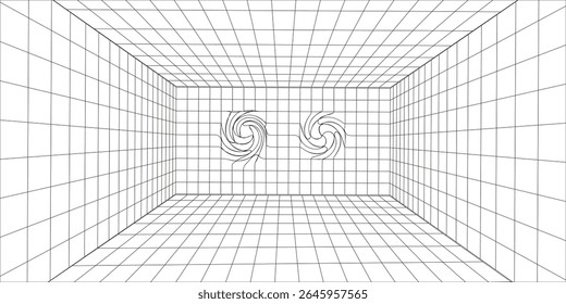 Quarto wireframe 3D colorido em fundo escuro. Grade de perspectiva abstrata. Ilustração vetorial.