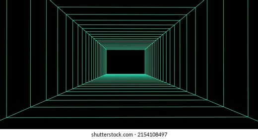 3D wireframe room green on dark background. Abstract perspective grid. Vector illustration.