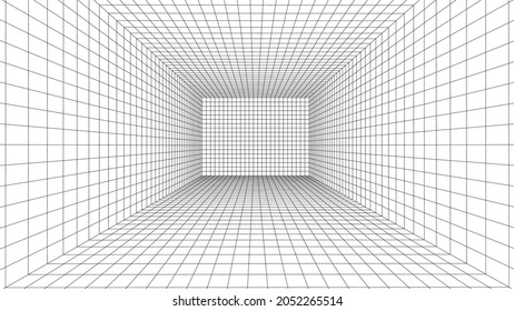 3D wireframe room mesh on white background. Abstract perspective grid. Vector illustration.