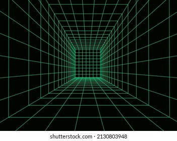 3D wireframe room mesh on green background. Abstract perspective grid. Vector illustration.