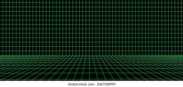 Sala de armazón en 3D sobre el fondo negro. Cuadrícula de perspectiva del vector. Caja con espacio digital.