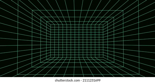 3D wireframe room on the black background. Vector perspective grid. Box with digital space.