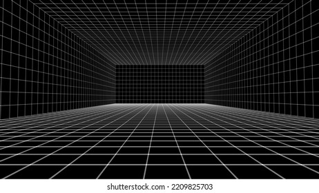 3D wireframe room on the black background. Vector perspective grid. Box with digital space.