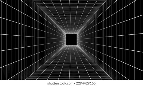 3D wireframe room on the black background. Vector perspective grid. Box with digital space.