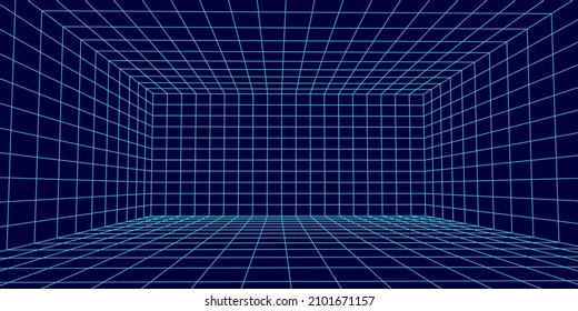 3D wireframe room on the blue background. Vector perspective grid. Box with digital space.