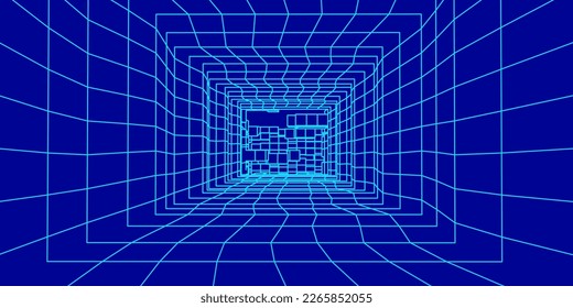 3D wireframe room on blue background. Abstract perspective grid. Vector illustration.