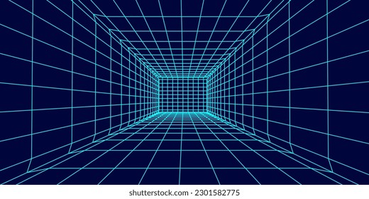 3D wireframe room on blue background. Abstract perspective grid. Vector illustration.