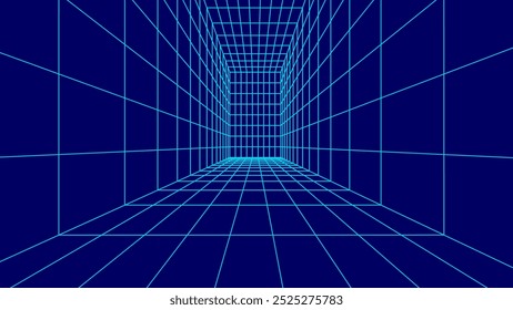 Sala de alambre 3D sobre fondo azul. Cuadrícula de perspectiva Abstractas. Ilustración vectorial.