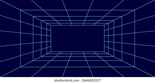 3D wireframe room on the blue background. Vector perspective grid. Box with digital space.