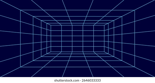 3D wireframe room on the blue background. Vector perspective grid. Box with digital space.