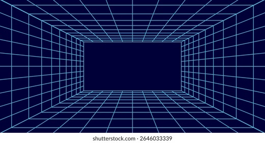 3D wireframe room on the blue background. Vector perspective grid. Box with digital space.