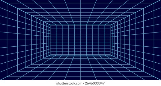 3D wireframe room on the blue background. Vector perspective grid. Box with digital space.